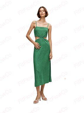 Mango Green Linen Blend Cut-Out Midi Dress XS 2 Summer Resort
